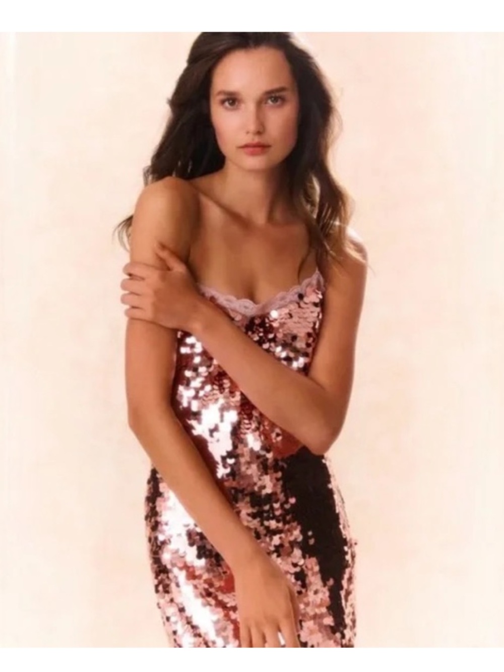 LoveShackFancy Rose Gold Sequin Grecia Slip Dress with Lace Trim